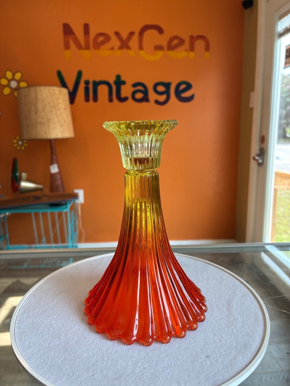 Fostoria Bittersweet Amberina Candle Holder UV Glow Art Glass Rare